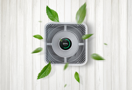 air purifier a living room, air cleaner removing fine dust in house. protect PM 2.5 dust and air pollution conceptの写真素材