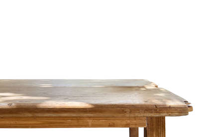 Wood table top on white blurred abstract background from building hallway - can be used for display or montage your productsの写真素材