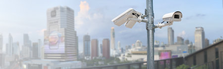 CCTV camera in the city with copy spaceの写真素材