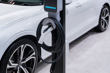 Electric car charging with station, EV fuel advance an modern eco system.の写真素材