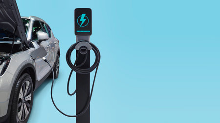 Electric car charging with station, EV fuel advance an modern eco system.の写真素材