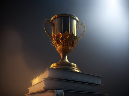 Golden trophy on pile of books, with sun rays over trophy; learning/achievement concept. Generative AIの写真素材