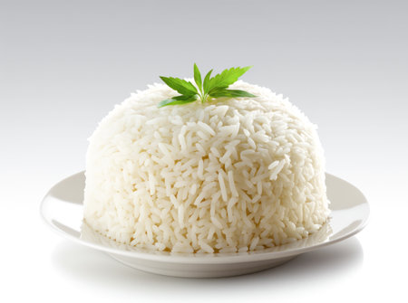 Rice in a bowl on a white backgroundの写真素材