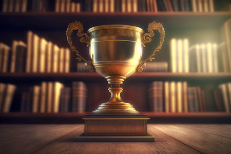 Golden trophy on pile of books, with sun rays over trophy; learning/achievement concept. Generative AIの写真素材