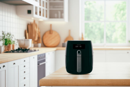 Air fryer machine cooking potato fried in kitchen. Lifestyle of new normal cooking.の写真素材