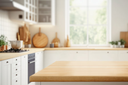 Wood table top on blurred kitchen background. can be used mock up for montage products display or design layoutの写真素材