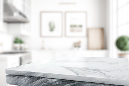 Empty marble stone table on blurred kitchen backgroundの写真素材