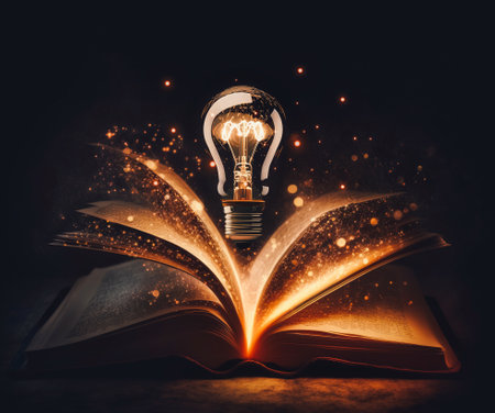 Light bulb and opened vintage book style vintage dark background,The idea of reading books, knowledge, and searching for new ideas,book bible.Conceptの写真素材