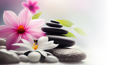 Spa still life with stones and pink flowerの写真素材