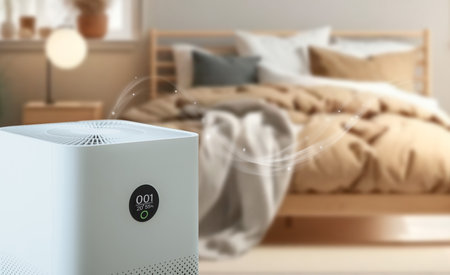 air purifier a bed room,  air cleaner removing fine dust in house. protect PM 2.5 dust and air pollution conceptの写真素材