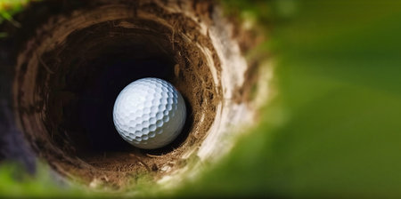 golf ball falls into the hole at the camera, view inside the hole close-upの写真素材