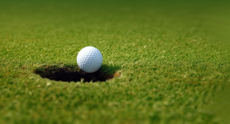 Successful putt as golf ball falls into holeの写真素材