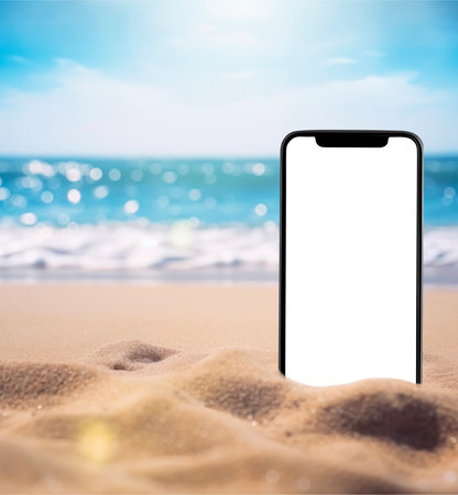The smartphone lies buried in the sand on the beach, and takes a photo of the beach in the background.  can be used mock up for montage products display or design layoutの写真素材