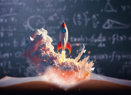 Toy rocket takes spewing smoke on a book in green blackboard background. The symbol for success is Start-up education and knowledge. creative idea. leadership.の写真素材