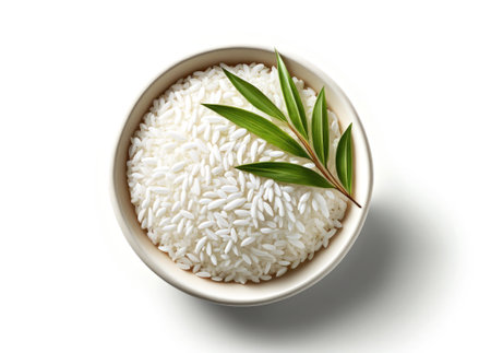 Rice in a bowl on a white backgroundの写真素材