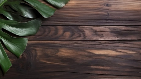 Flat lay creative frame of tropical nature leaves (Monstera palmrubber plant, pine, birdâs nest fern )on rustic wood grunge background with retro , tropical jungle vacation and travel concepts. Generative AIの写真素材