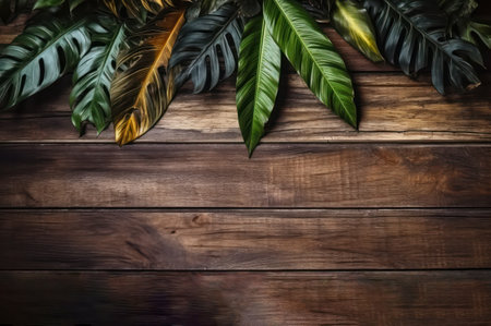 Flat lay creative frame of tropical nature leaves (Monstera palmrubber plant, pine, birdâs nest fern )on rustic wood grunge background with retro , tropical jungle vacation and travel concepts. Generative AIの写真素材