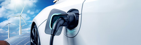 Charge EV car vehicle electric battery powe in concept of green energy and eco power produced from sustainable source to supply to charger station in order to reduce CO2 emissionの素材