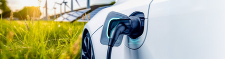 Charge EV car vehicle electric battery powe in concept of green energy and eco power produced from sustainable source to supply to charger station in order to reduce CO2 emissionの素材