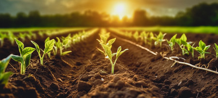 Young plants planted in a sunny garden. generative aiの素材