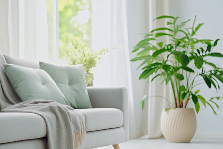 Step into a modern oasis of relaxation with this cozy living room adorned with a comfortable sofa, stylish wooden table, and vibrant houseplants. Experience the perfect blend of contemporary design, natural elements, and a serene ambiance. generative aiの素材