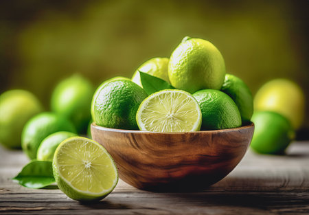 Juicy Lime Slice on Wooden Table - A Refreshing Tropical Ingredient. Food Photography. generative aiの素材