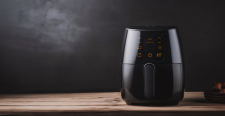 Healthy Cooking with Air Fryer: Modern Kitchen Appliances on Wooden Table at Home. generative aiの素材
