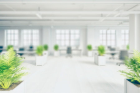 Blurred empty open space office. Abstract light bokeh at office interior background for design.generative aiの素材