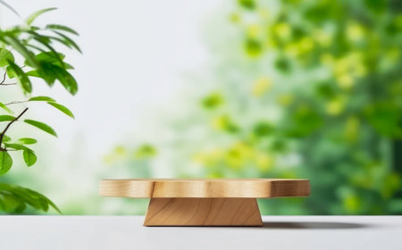 a wooden platform with a plant in the background. generative aiの素材
