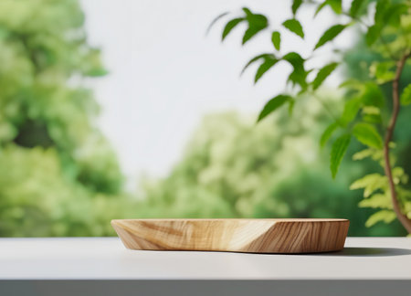 a wooden platform with a plant in the background. generative aiの素材