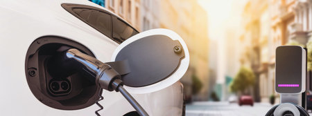 ev charging station for electric car in concept of green energy and eco power produced from sustainable source to supply to charger station in order to reduce co2 emissionの写真素材