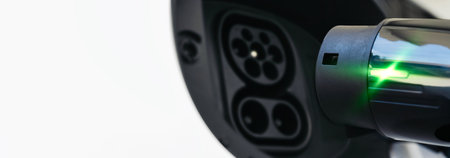 Type 2 CCS plug port on electric vehicle. DC - CCS type 2 EV charging connector at EV car. Fast charging socket type 2 combo electric carの写真素材