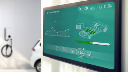Smart home technology, wall system and couple with digital dashboard for display charger status , safety security network or house automation.の写真素材