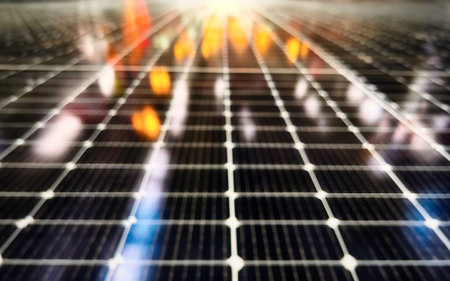 Abstract blurred background. Solar cell technology, solar cells on the roof of the factory.の写真素材