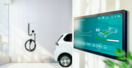 Smart home technology, wall system and couple with digital dashboard for display charger status , safety security network or house automation.の写真素材