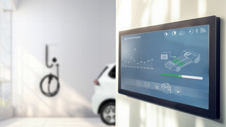Smart home technology, wall system and couple with digital dashboard for display charger status , safety security network or house automation.の写真素材