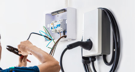 Certified male Electrician Installing Home EV Chargerの写真素材