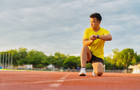 Male runner using smartwatch to track workout progress on the running trackの写真素材