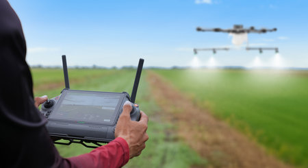 Farmer control agriculture drone fly to sprayed fertilizer on the green corn fieldの写真素材