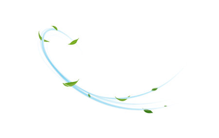Flying green leaves on white background. Fresh spring foliage. Environment and ecology backdropの写真素材