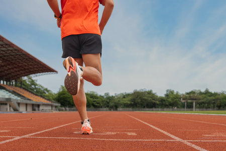 Close up of legs of runner sprinting on red track lane at outdoor stadium during training sessionの写真素材