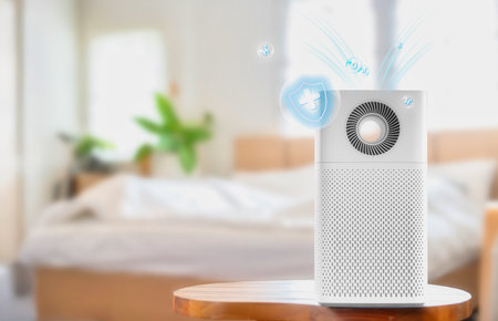 Innovative air cleaner device placed in bedroom releasing purified air and health symbols