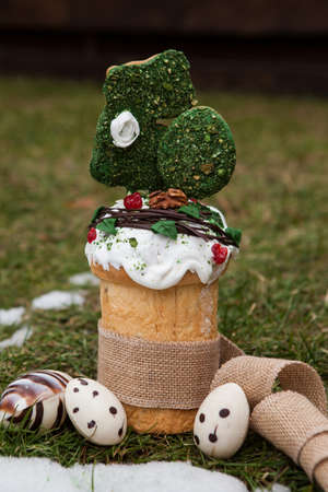 Easter cake in eco-style decorated with chocolate eggs in a nest on the background of spring grass...