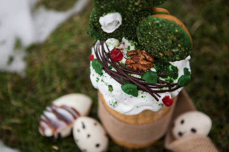 Easter cake in eco-style decorated with chocolate eggs in a nest on the background of spring grass...