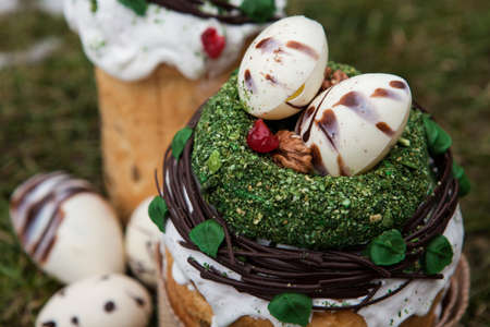 Easter cake in eco-style decorated with chocolate eggs in a nest on the background of spring grass...