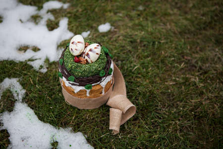 Easter cake in eco-style decorated with chocolate eggs in a nest on the background of spring grass...