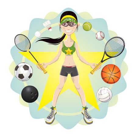 Illustration of young woman athlete exercising basketball, soccer, bowling, volleyball, badminton, tennis, baseball sport gameのイラスト素材