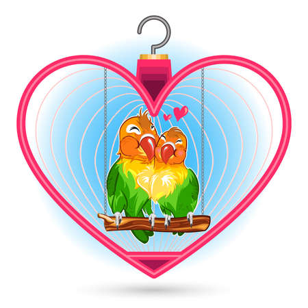 Valentine Love Bird Couple, Hugs And Kiss Each Other Inside A Pink Heart Bird Cageのイラスト素材