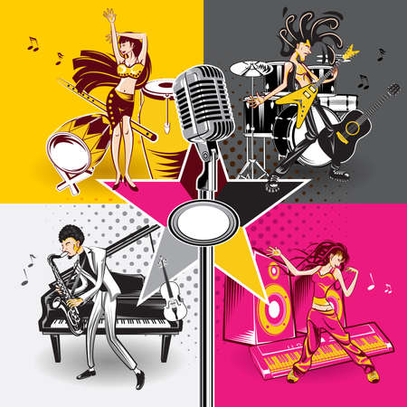 Music Star Idols Singing And Performance Rock, Jazz, Hip Hop And Folk Musicのイラスト素材