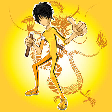 Kungfu Master Wearing Yellow Jumpsuit Playing Nunchucks With Dragon Tatooのイラスト素材